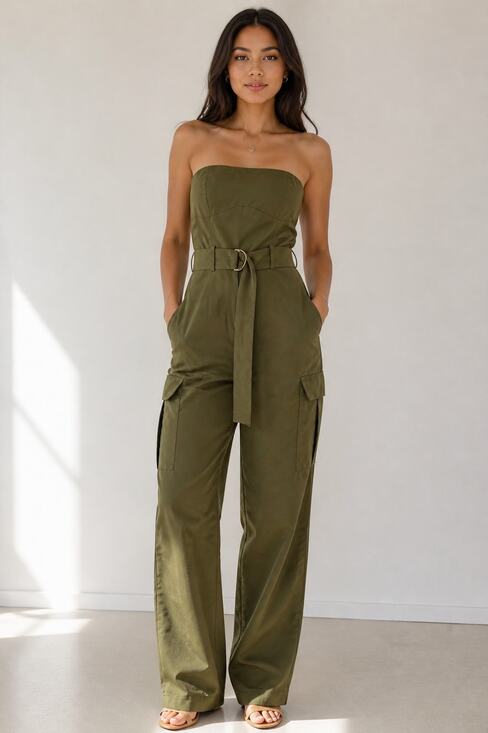 Unbranded Pants - Olive Green Strapless Jumpsuit S